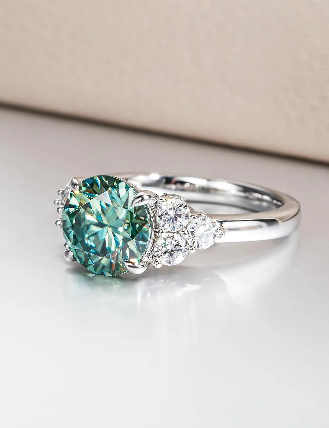 3.0 carat Fancy Vivid Blue Green Moissanite Ring 3.6 cttw Moissanite Engagement Rings for Women VVS D-color Certified Moissanite Anniversary Wedding Cluster Ring Platinum-Plated Silver Band