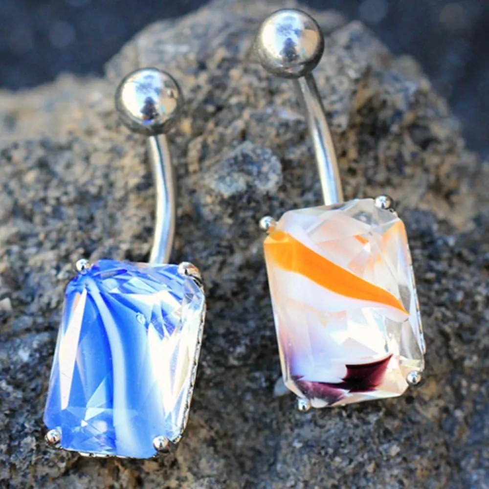 316L Stainless Steel Prong Set Radiant Cut Swirled Glass WildKlass Navel Ring