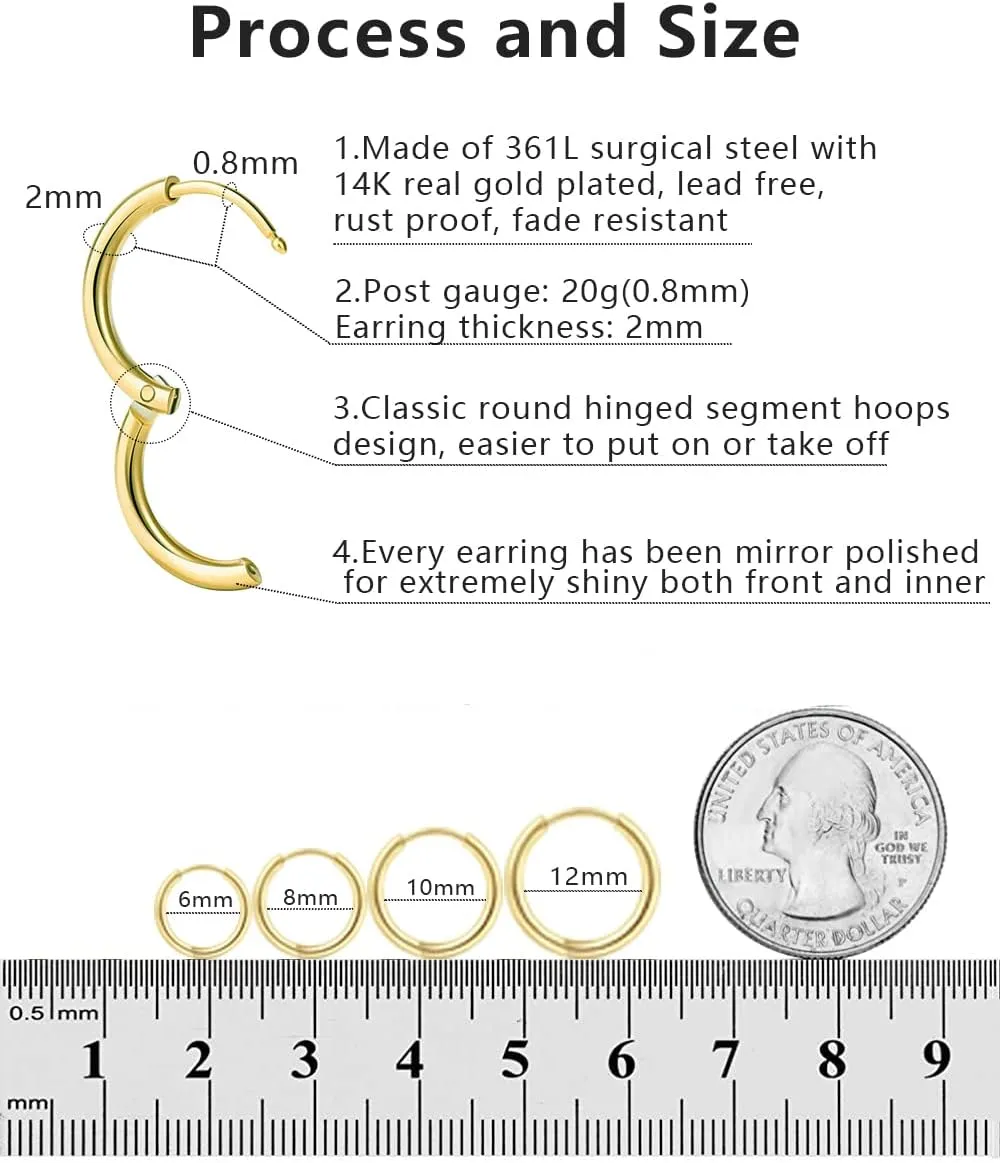 316L Surgical Stainless Steel Hoop Earrings,Mens Hoops Earrings Gold Silver Black Hypoallergenic,6mm 8mm 10mm 12mm Small Huggie Hoop Earrings Men Women for Cartilage Piercings