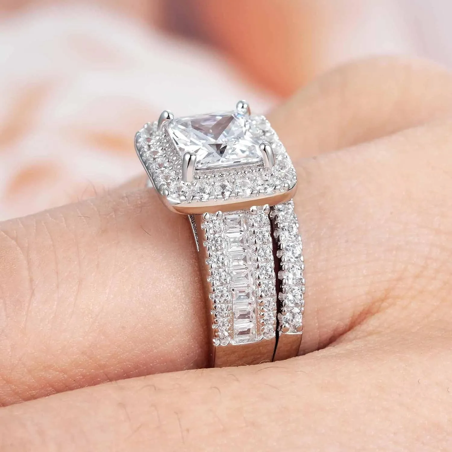3.5CT Bridal Ring Sets Princess Cut 925 Sterling Silver AAAAA CZ Engagement Rings Promise Rings for Her Wedding Ring Set for Women Size 5-10