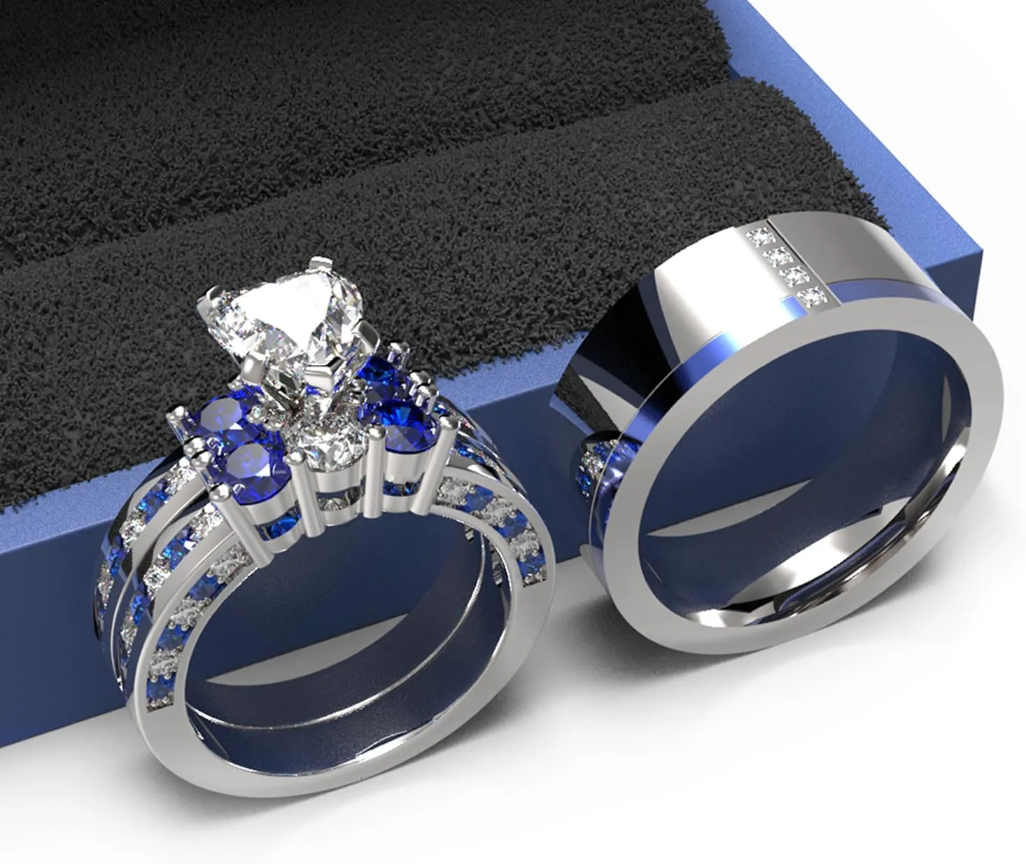 3pc Couples Wedding Ring Sets His And Hers Women Sterling Silve Heart Moissanite and men Wedding Bands Together With Ring Gift Jewelry Box