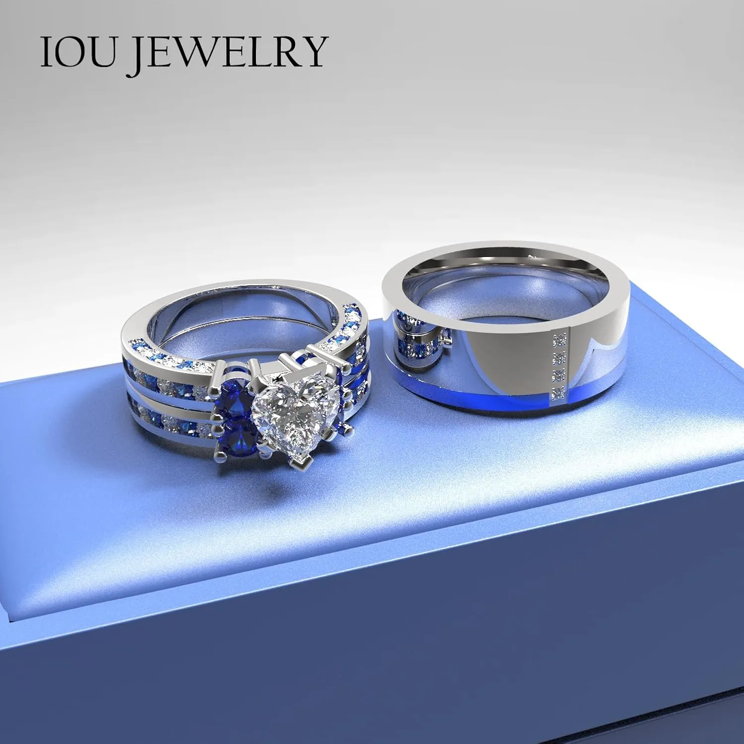 3pc Couples Wedding Ring Sets His And Hers Women Sterling Silve Heart Moissanite and men Wedding Bands Together With Ring Gift Jewelry Box