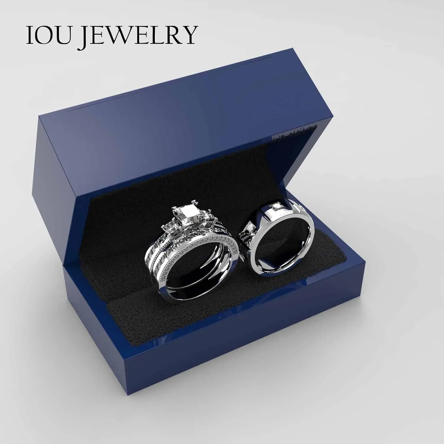 3pc Couples Wedding Ring Sets His And Hers Women Sterling Silve Moissanite and men Wedding Bands Together With Jewelry Box