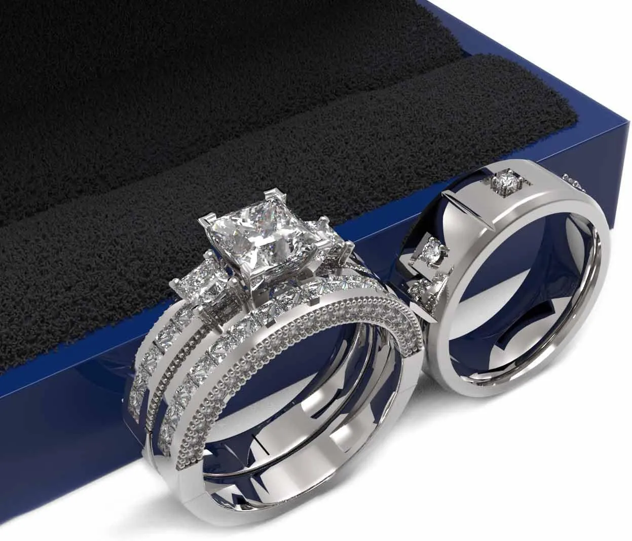3pc Couples Wedding Ring Sets His And Hers Women Sterling Silve Moissanite and men Wedding Bands Together With Jewelry Box