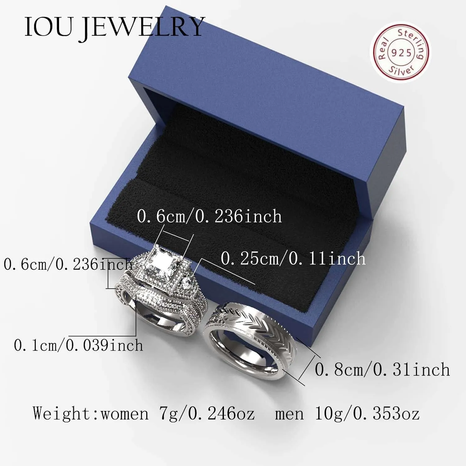 3pc Couples Wedding Ring Sets His And Hers Women Sterling Silve Moissanite and men Wedding Bands