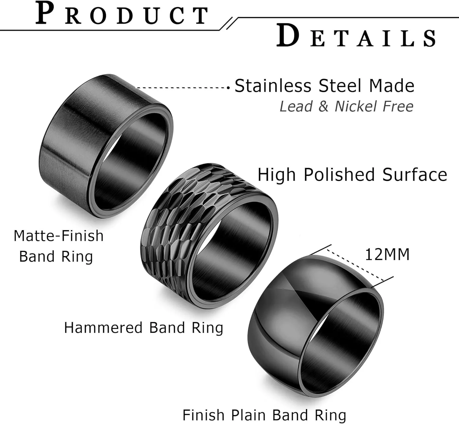 3PCS 12MM Stainless Steel Band Rings for Men Women Wide Chunky Rings Thumb Rings Matte Finish Plain Wedding Band Ring Hammered Comfort Fit Size 7-13