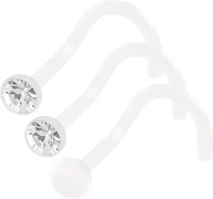 3Pcs 18g 1mm Nose Screw Rings Bioflex Flexible Corkscrew Nostril Piercing Jewelry 2.5mm Crystal - Clear