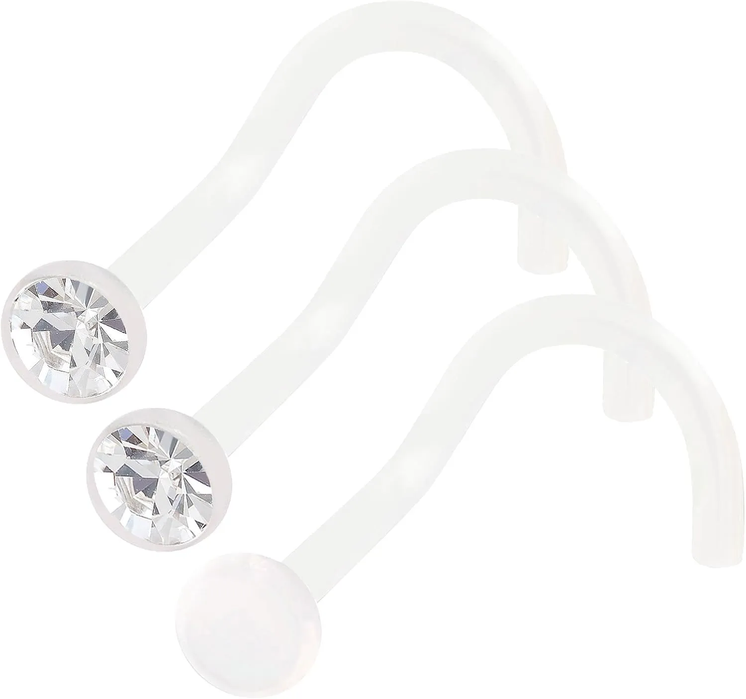 3Pcs 18g 1mm Nose Screw Rings Bioflex Flexible Corkscrew Nostril Piercing Jewelry 2.5mm Crystal - Clear
