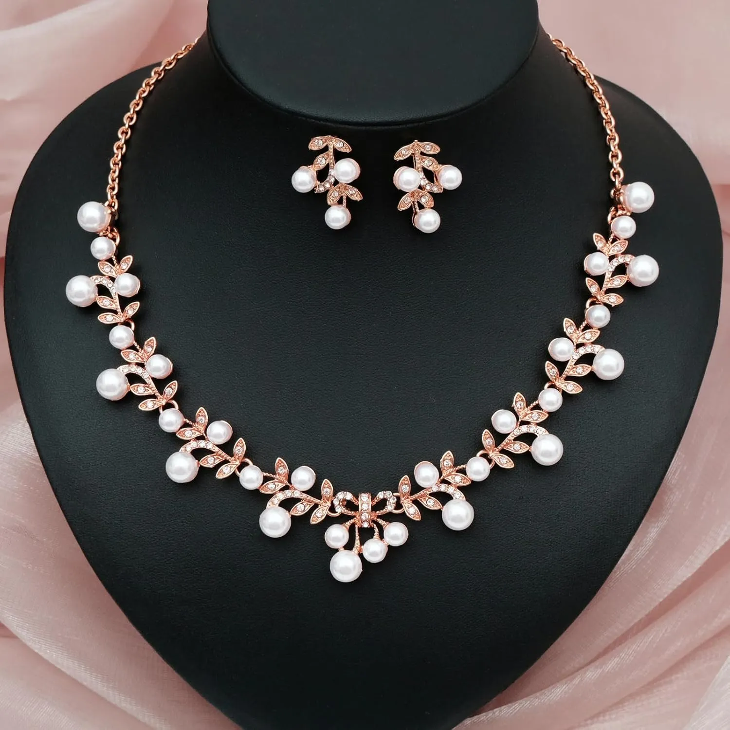 3PCS Elegant Wedding Party Jewelry Set for Women Brides Leaf Shape Pearls Choker Necklace Earrings Bracelet Set Prom Costume Accessories