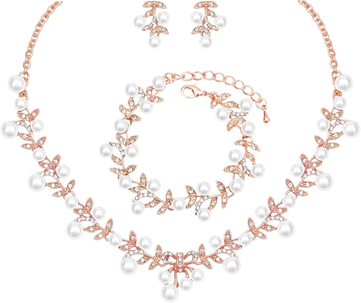 3PCS Elegant Wedding Party Jewelry Set for Women Brides Leaf Shape Pearls Choker Necklace Earrings Bracelet Set Prom Costume Accessories