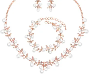 3PCS Elegant Wedding Party Jewelry Set for Women Brides Leaf Shape Pearls Choker Necklace Earrings Bracelet Set Prom Costume Accessories