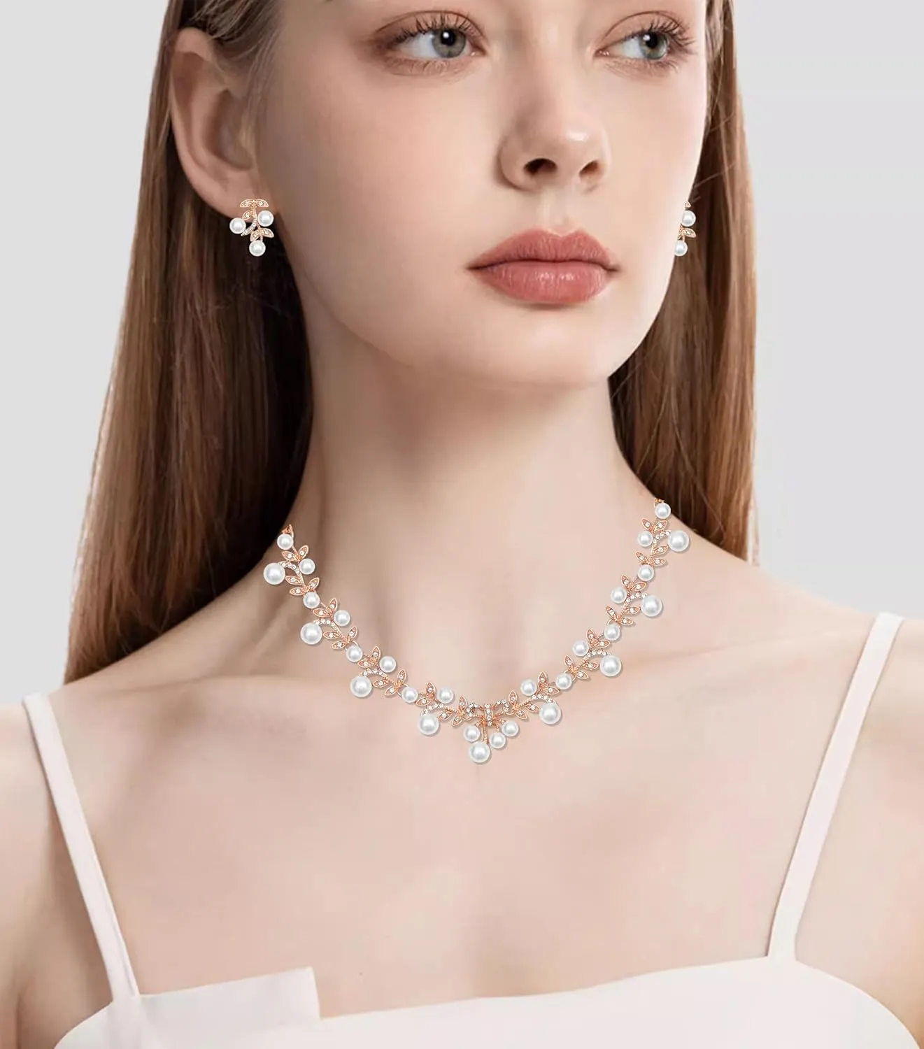 3PCS Elegant Wedding Party Jewelry Set for Women Brides Leaf Shape Pearls Choker Necklace Earrings Bracelet Set Prom Costume Accessories