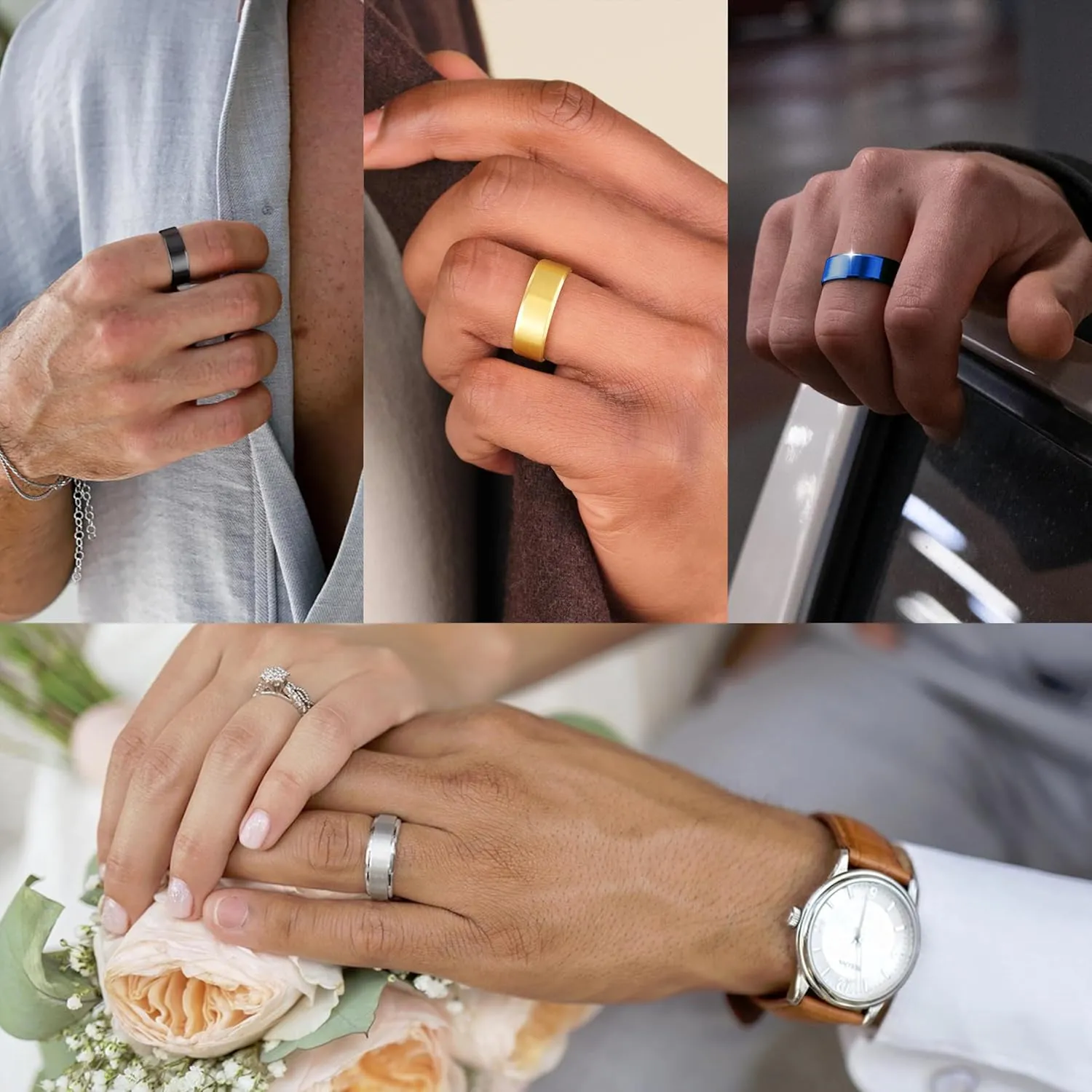 4 Pcs 8 MM Width Mens Rings, Stainless Steel Wedding Bands for men, Gold Silver Black Blue Brushed Finish Beveled Edges Comfort Fit 6-15