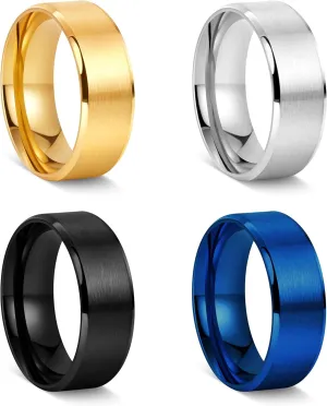 4 Pcs 8 MM Width Mens Rings, Stainless Steel Wedding Bands for men, Gold Silver Black Blue Brushed Finish Beveled Edges Comfort Fit 6-15
