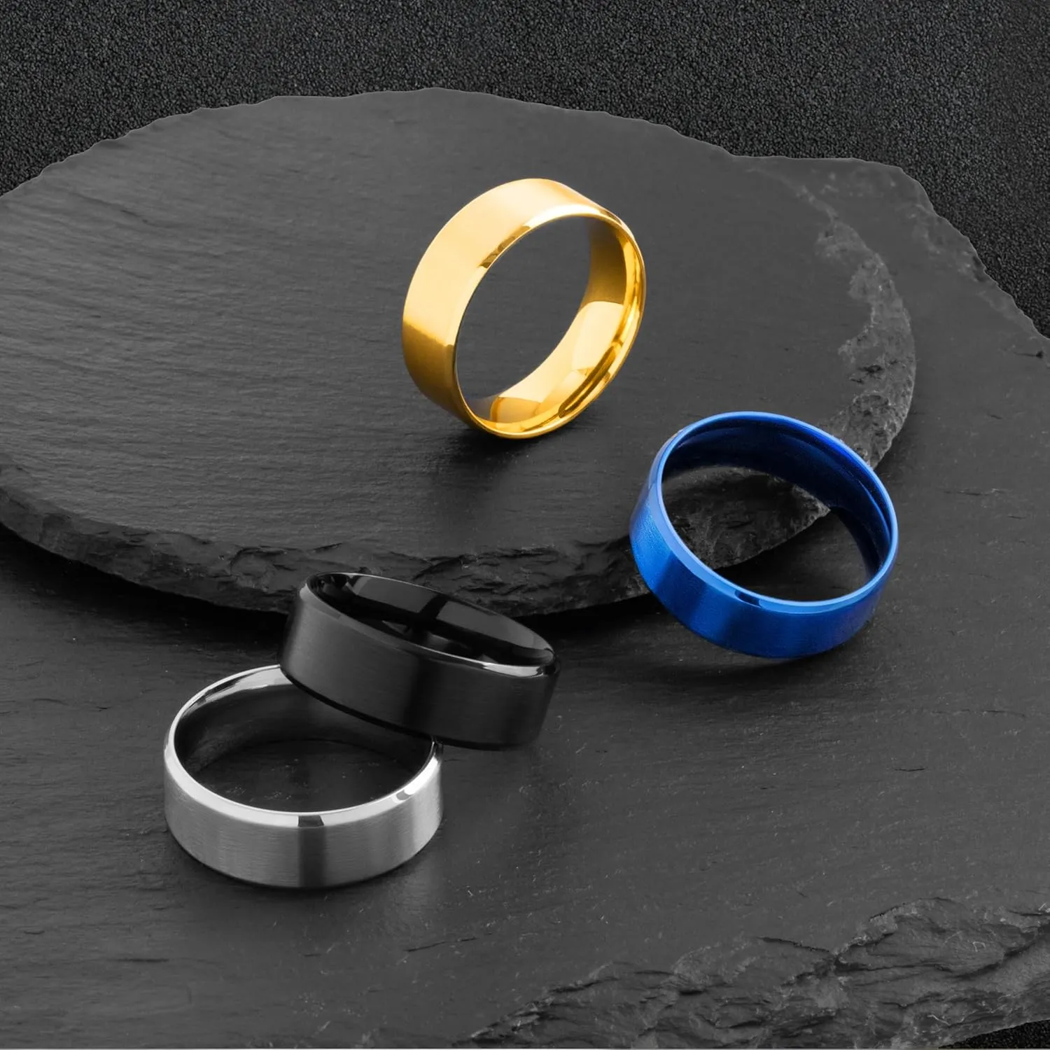 4 Pcs 8 MM Width Mens Rings, Stainless Steel Wedding Bands for men, Gold Silver Black Blue Brushed Finish Beveled Edges Comfort Fit 6-15