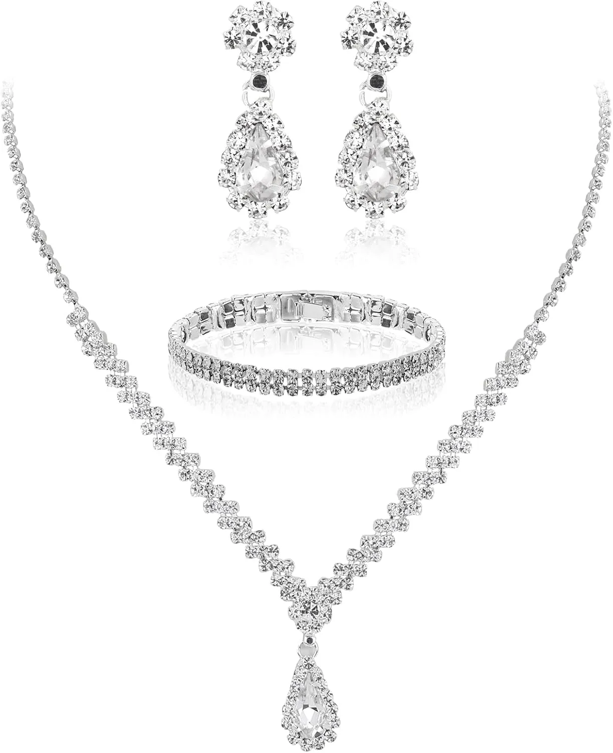 4 Pcs Bridal Jewelry Sets Rhinestone Silver Necklace Teardrop Dangle Earrings Bracelets Rhinestone Crystal Wedding Jewelry Set For Women Prom Brides Bridesmaid Prom Costume Accessories