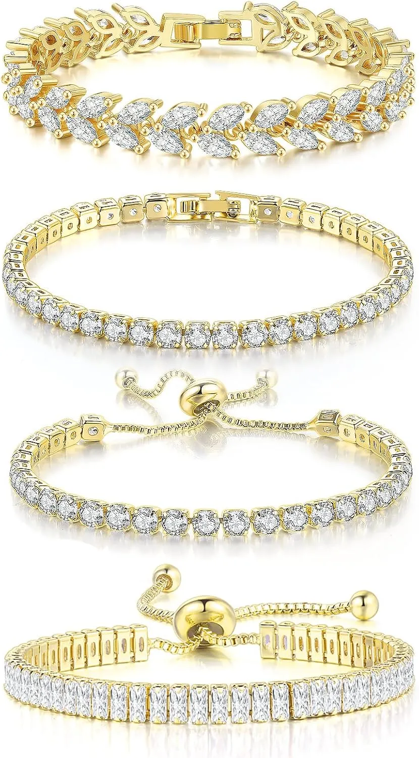 4 Pcs Tennis Bracelet Set Silver Plated Marquise Cubic Zirconia CZ Diamond Dainty Adjustable Silver Bracelets for Women Brides Stackable Fashion Jewelry Wedding Prom Gift