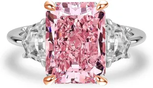 4.0ct Crushed Ice Radiant Cut Three Stone Pink Engagement Ring,Big CZ Simulated Diamond 925 Sterling Silver Promise Ring for Wedding,Daily,Travel
