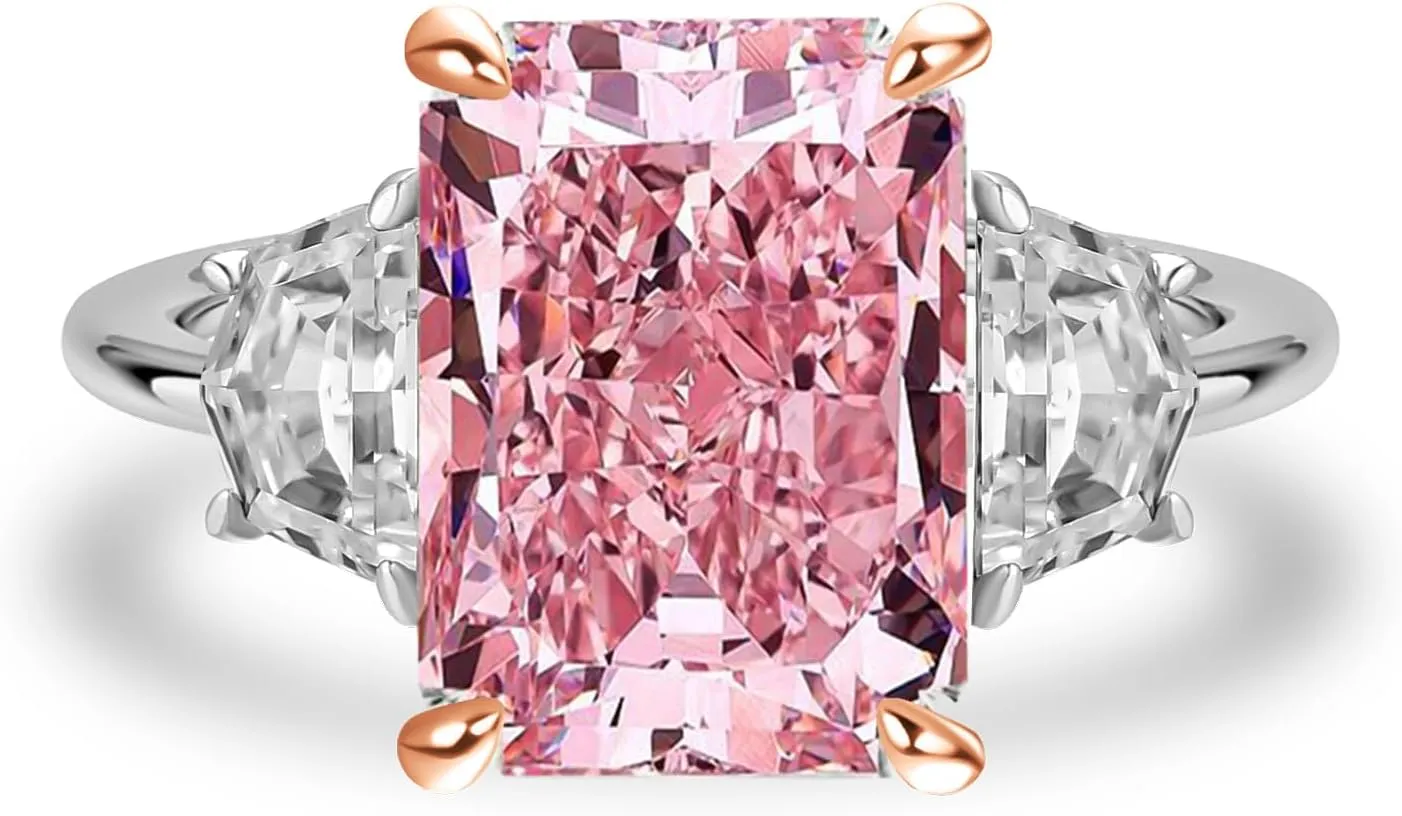 4.0ct Crushed Ice Radiant Cut Three Stone Pink Engagement Ring,Big CZ Simulated Diamond 925 Sterling Silver Promise Ring for Wedding,Daily,Travel