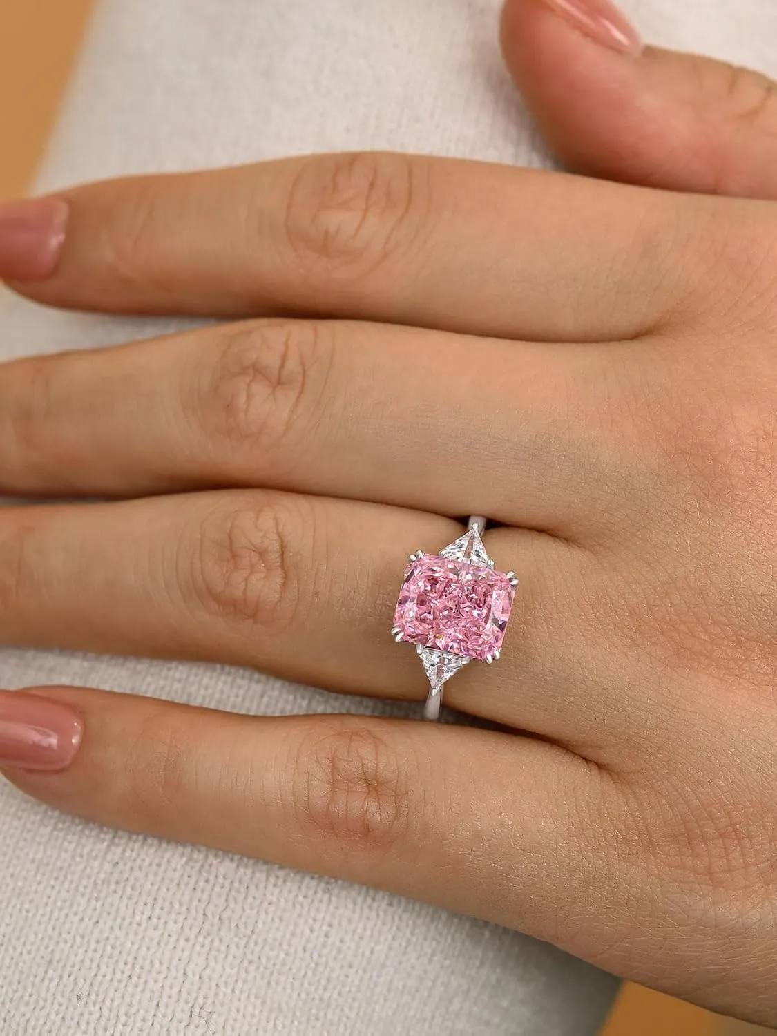 4.0CT Radiant Cut Yellow,Pink,Clear Engagement Ring,3-Stone Simulated Diamond Ring,Colored Gemstones 925 Sterling Silver Promise Ring