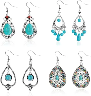 4PCS Turquoise Earrings Set Western Earrings for Women Bohemian National Style Eardrop with Waterdrop Tree Leaves Openwork Carving Earrings Vintage Turquoise Jewelry for Gifts