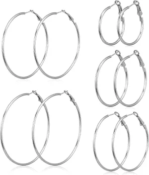 5 Pairs Large Thin Silver Hoop Earrings, Hypo-allergenic Thin Silver Hoop Earrings Set, Lightweight Big Loop Earring Stainless Steel Earings 30/40/50/60/70 mm