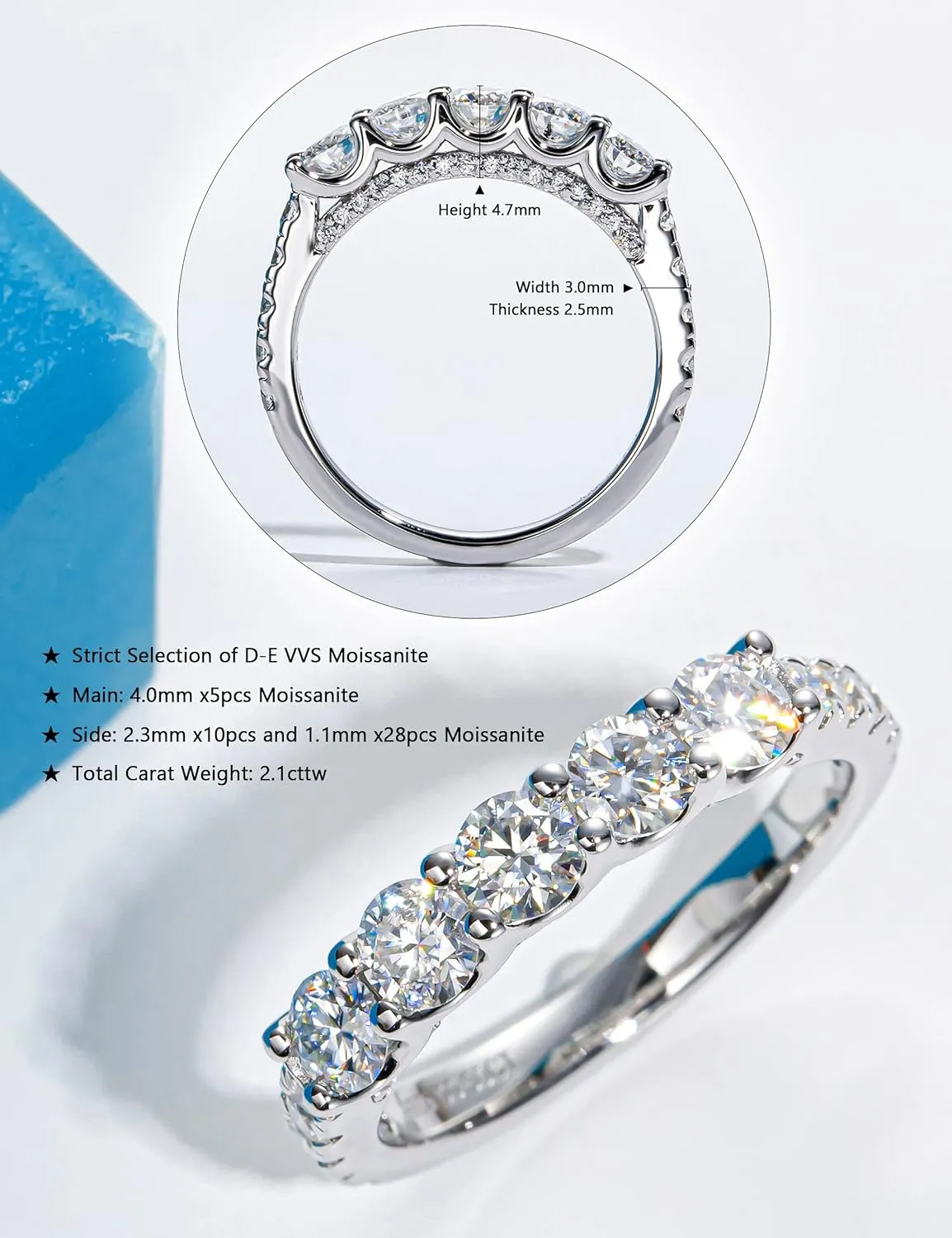 5 Stone Half Eternity Ring - 4.0 mm Moissanite Wedding Band for Women - VVS D Color Moissanite - Platinum-Plated Silver Stacking Ring