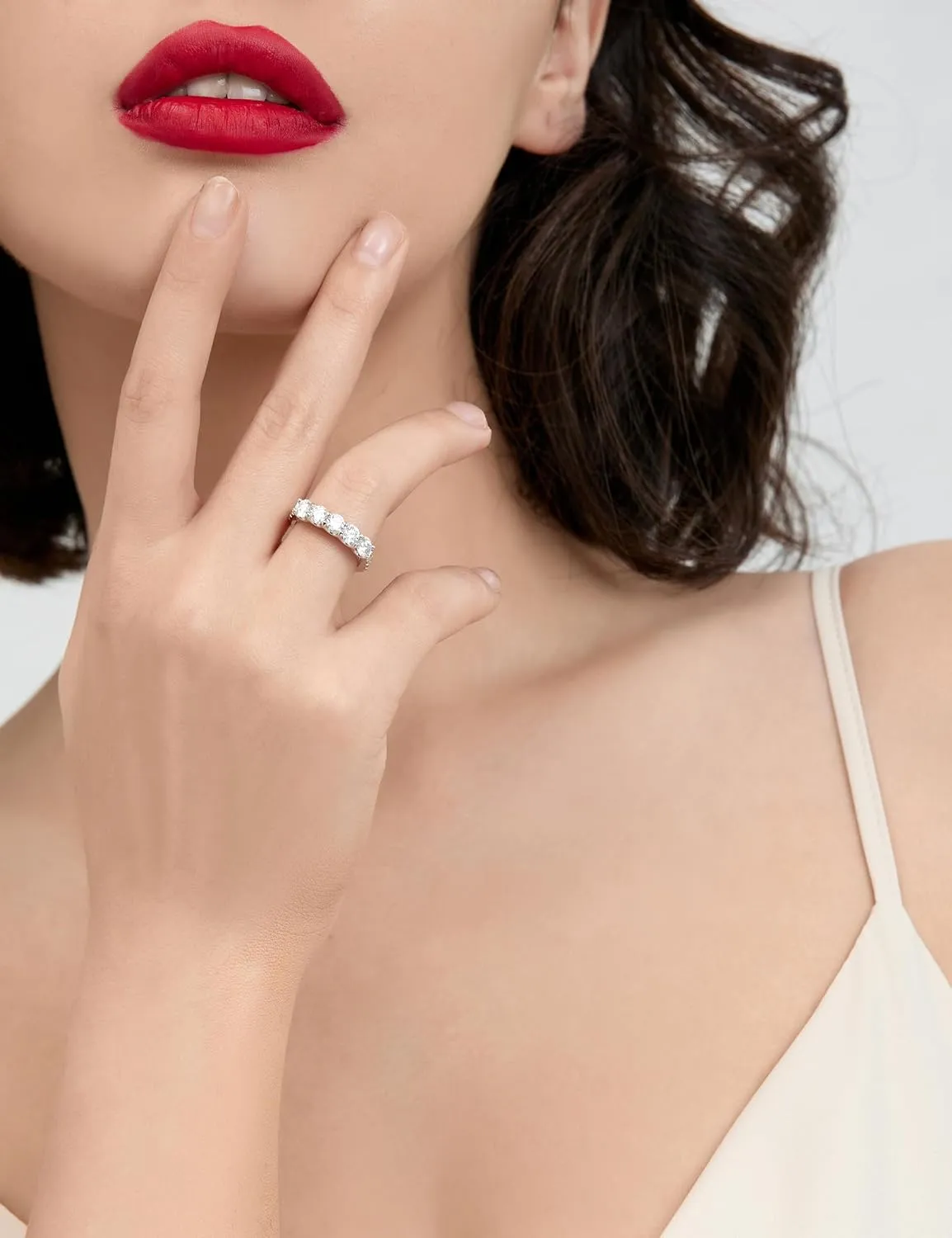 5 Stone Half Eternity Ring - 4.0 mm Moissanite Wedding Band for Women - VVS D Color Moissanite - Platinum-Plated Silver Stacking Ring