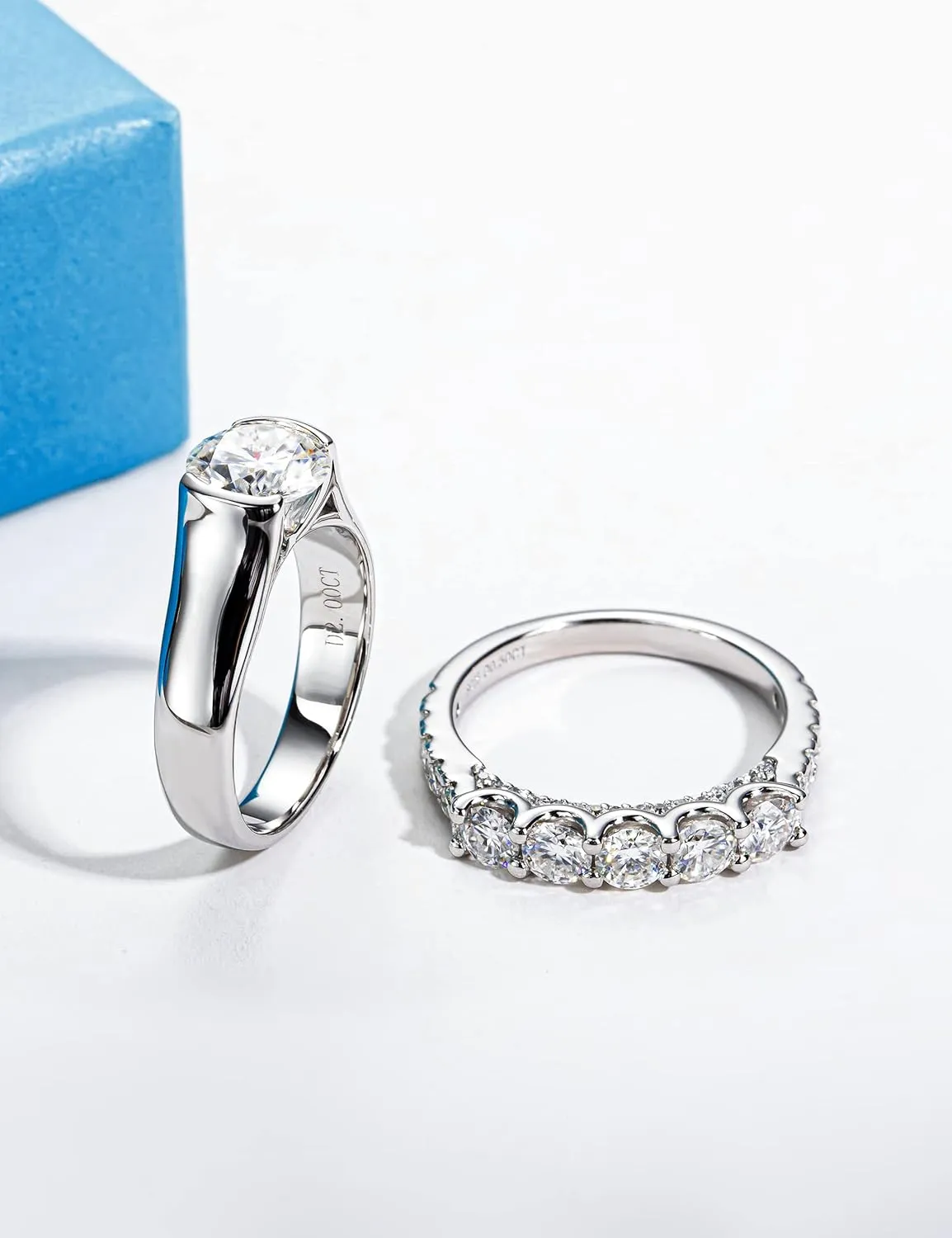 5 Stone Half Eternity Ring - 4.0 mm Moissanite Wedding Band for Women - VVS D Color Moissanite - Platinum-Plated Silver Stacking Ring