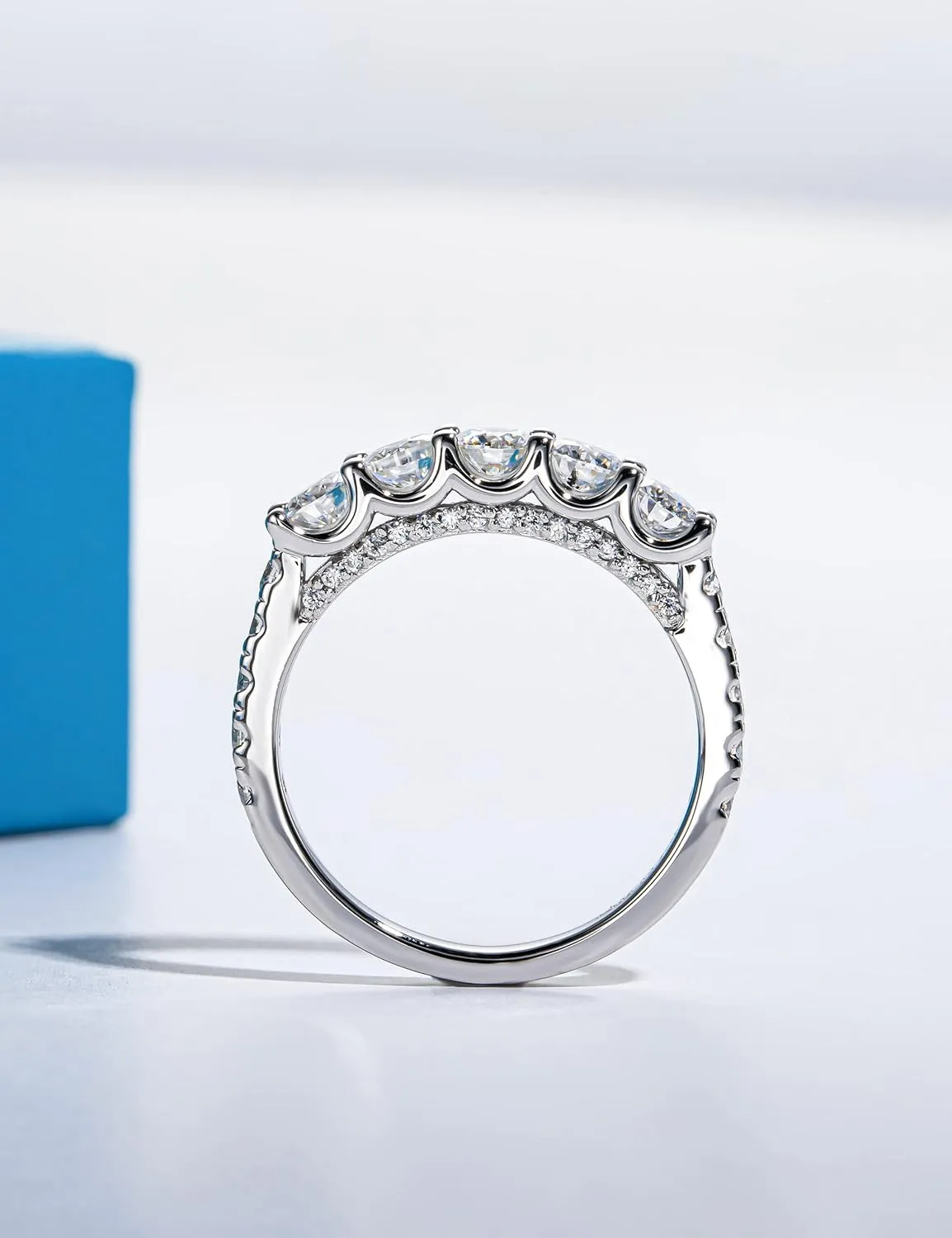 5 Stone Half Eternity Ring - 4.0 mm Moissanite Wedding Band for Women - VVS D Color Moissanite - Platinum-Plated Silver Stacking Ring