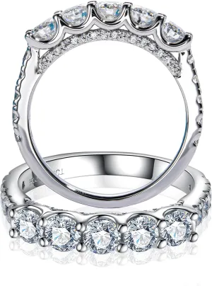 5 Stone Half Eternity Ring - 4.0 mm Moissanite Wedding Band for Women - VVS D Color Moissanite - Platinum-Plated Silver Stacking Ring