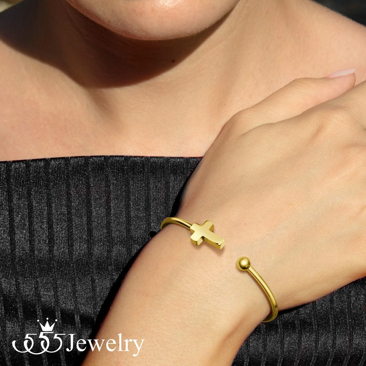 555Jewelry Stainless Steel Cross Religious Symbol Open Cuff Bangle Bracelet
