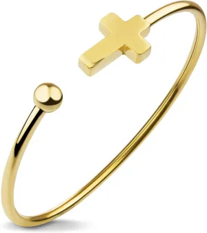 555Jewelry Stainless Steel Cross Religious Symbol Open Cuff Bangle Bracelet