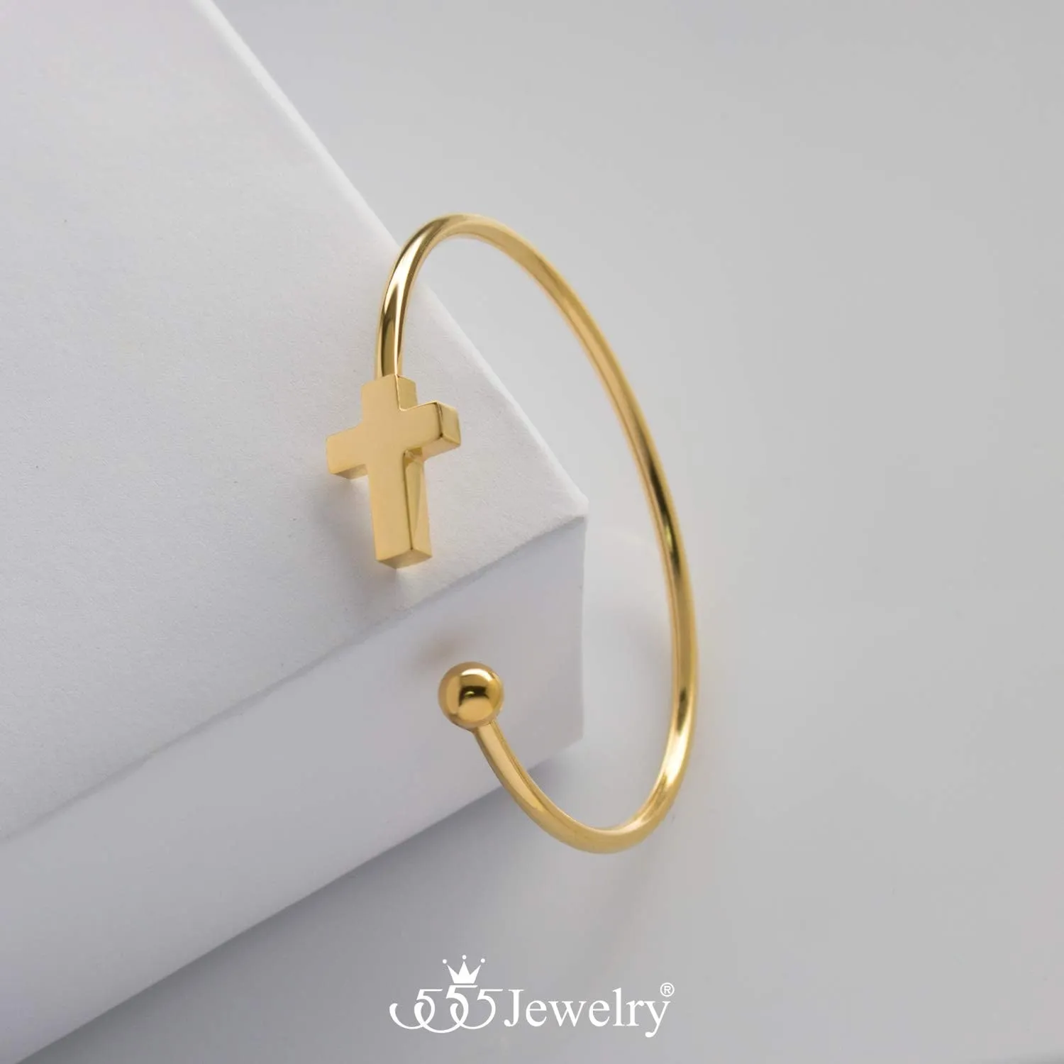 555Jewelry Stainless Steel Cross Religious Symbol Open Cuff Bangle Bracelet