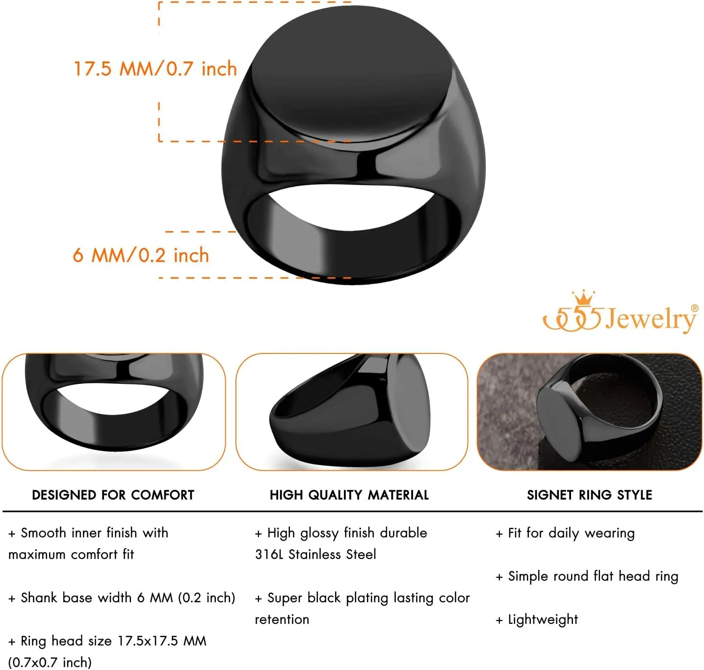 555Jewelry Stainless Steel Solid Plain High Polish Round Signet Ring for Men
