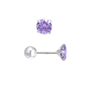 5MM Cubic Zirconia Stud Screw Backs Sterling Silver Earrings for Women, Amethyst Purple
