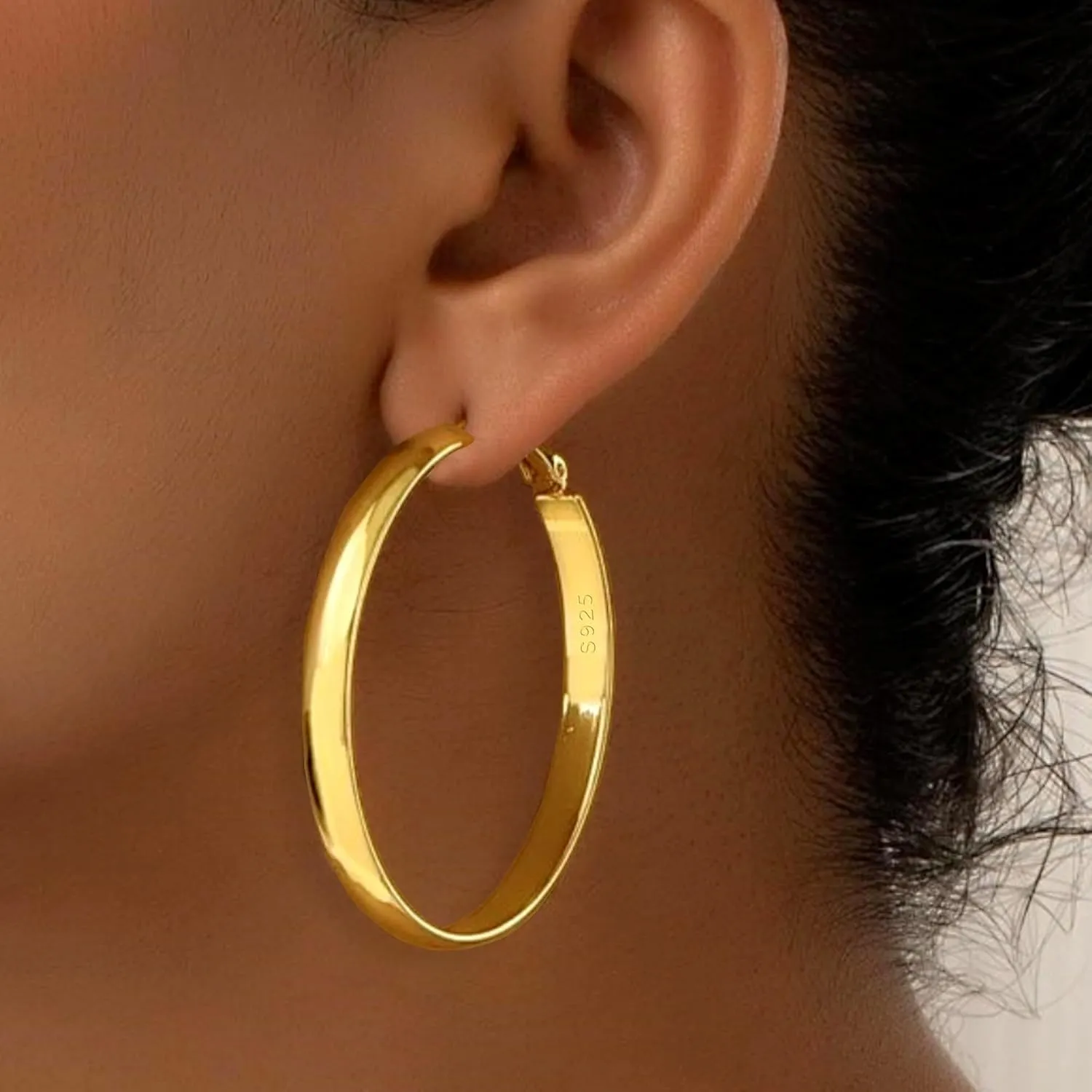 5mm Wide Gold Hoop Earrings for Women, 14K Gold Plated Big Chunky Hoop Earrings with S925 Sterling Silver Post, Hypoallergenic Lightweight Earrings Jewelry for Women 30/40/50/60/70mm