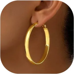 5mm Wide Gold Hoop Earrings for Women, 14K Gold Plated Big Chunky Hoop Earrings with S925 Sterling Silver Post, Hypoallergenic Lightweight Earrings Jewelry for Women 30/40/50/60/70mm