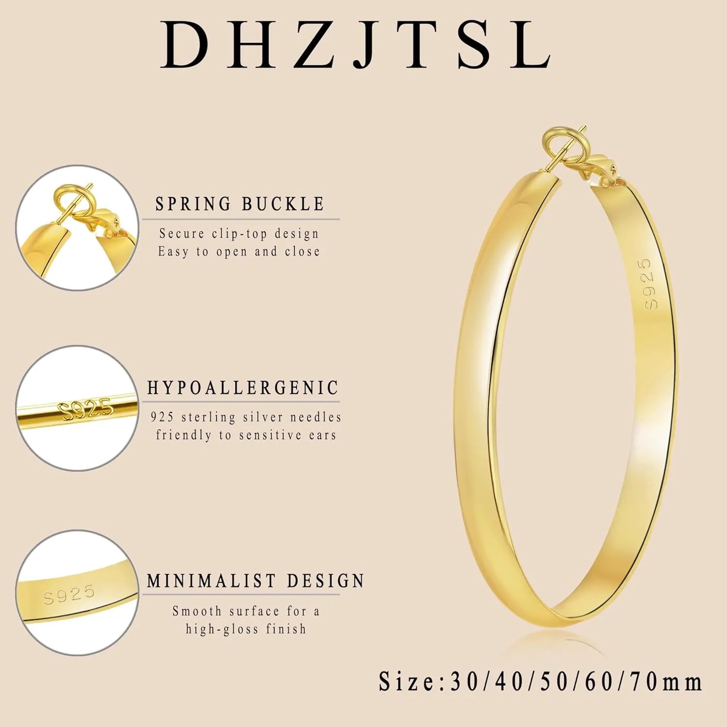 5mm Wide Gold Hoop Earrings for Women, 14K Gold Plated Big Chunky Hoop Earrings with S925 Sterling Silver Post, Hypoallergenic Lightweight Earrings Jewelry for Women 30/40/50/60/70mm