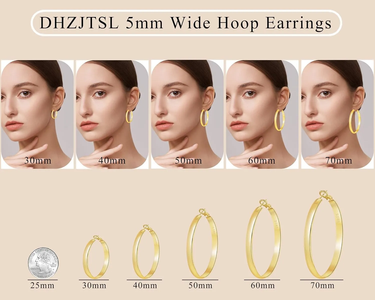 5mm Wide Gold Hoop Earrings for Women, 14K Gold Plated Big Chunky Hoop Earrings with S925 Sterling Silver Post, Hypoallergenic Lightweight Earrings Jewelry for Women 30/40/50/60/70mm
