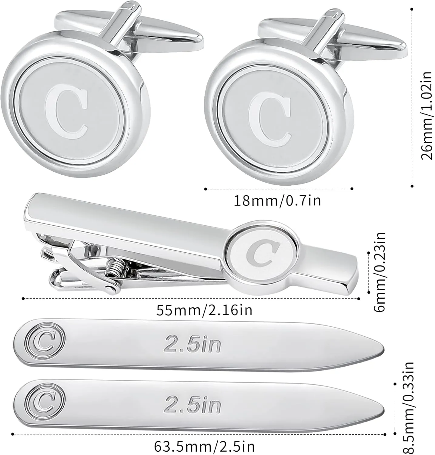 5PC Cufflinks Tie Clip Metal Shirts Collar Stays for Mens Initials Alphabet A-Z Gift Set