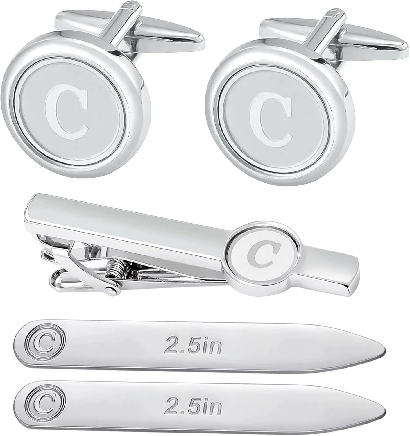 5PC Cufflinks Tie Clip Metal Shirts Collar Stays for Mens Initials Alphabet A-Z Gift Set