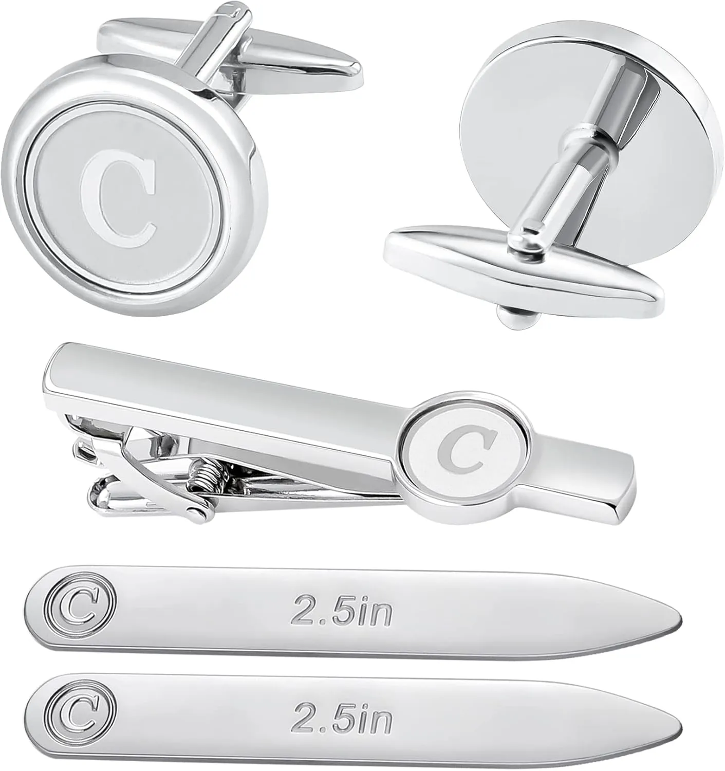5PC Cufflinks Tie Clip Metal Shirts Collar Stays for Mens Initials Alphabet A-Z Gift Set