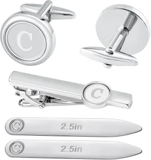 5PC Cufflinks Tie Clip Metal Shirts Collar Stays for Mens Initials Alphabet A-Z Gift Set