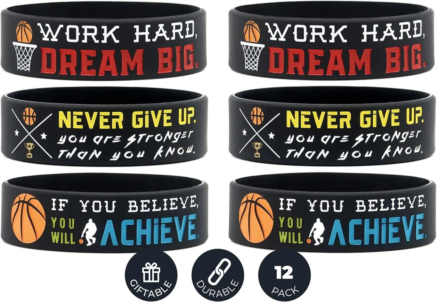 (6-pack) Motivational Basketball Wristbands - Basketball Gifts Jewelry Accessories for Basketball Players Team Awards Party Favors - Unisex for Men Women Youth Teen Girls Boys
