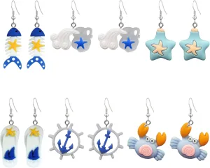 6 Pairs Irregular Ocean Nautical Anchor Rudder Earrings Personality Earthen Jar/Starfish/Fishbone Drop Dangle Earrings Jewelry Gifts For Women