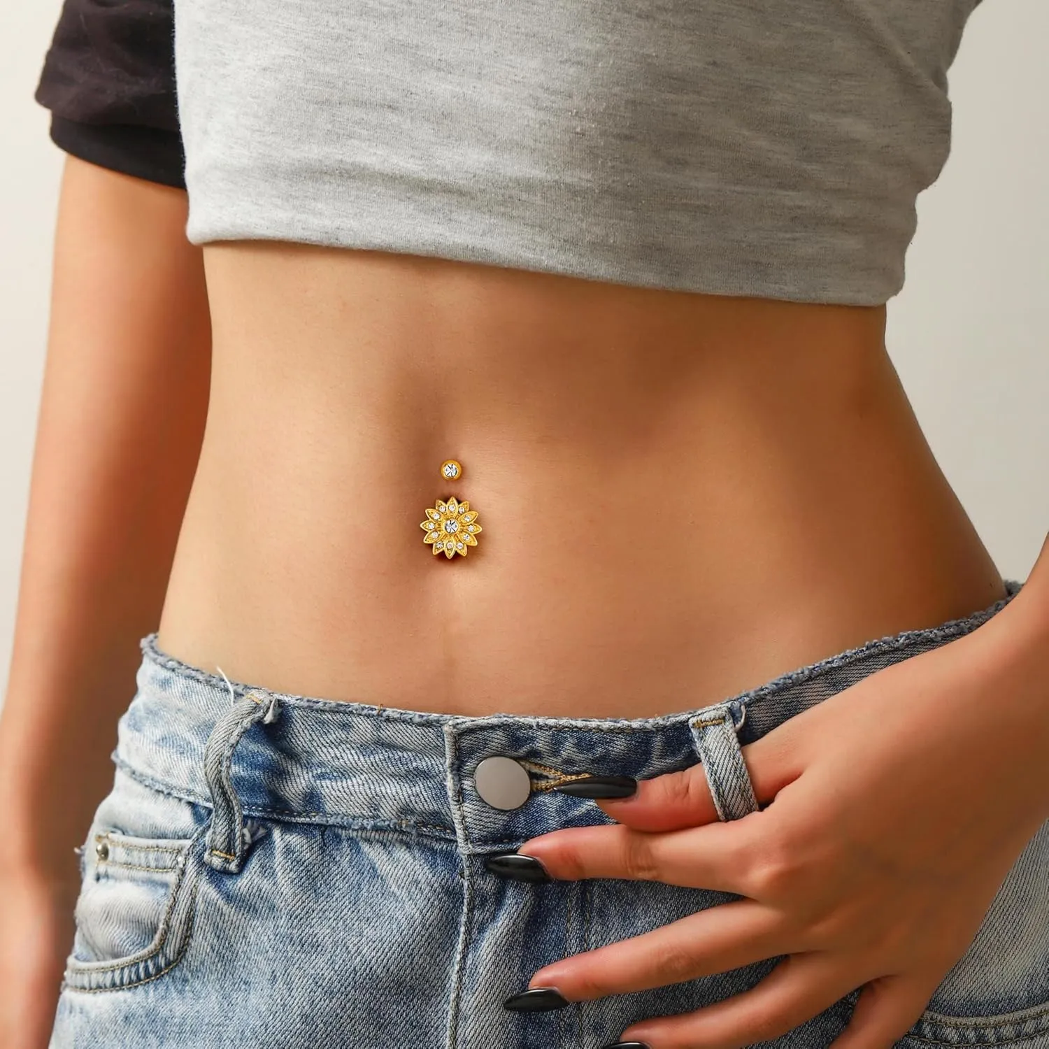 6 Pcs Gold Belly Button Rings for Women,14k Gold/Silver Plated Navel Surgical Steel CZ Pearl Sun Flower Cute Pack Clicker Piercings Jewelry for Women