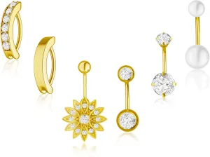 6 Pcs Gold Belly Button Rings for Women,14k Gold/Silver Plated Navel Surgical Steel CZ Pearl Sun Flower Cute Pack Clicker Piercings Jewelry for Women