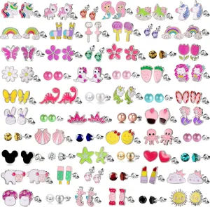 60 Pairs Cute Earrings Set - Hypoallergenic Stainless Steel Studs with Cartoon Characters, Colorful Faux Pearls & Sparkling Cubic Zirconias