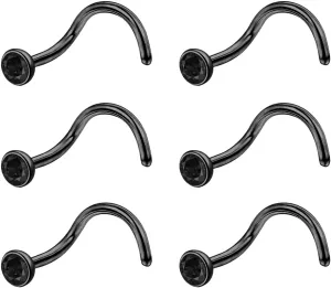 6pcs 20g Nose Studs Black Rose Gold Nose Rings Stainless Steel L Shaped Corkscrew Nose Ring Studs for Women Men Small Cute Nose Rings Stud 3mm Cz Nostril Piercing Jewelry